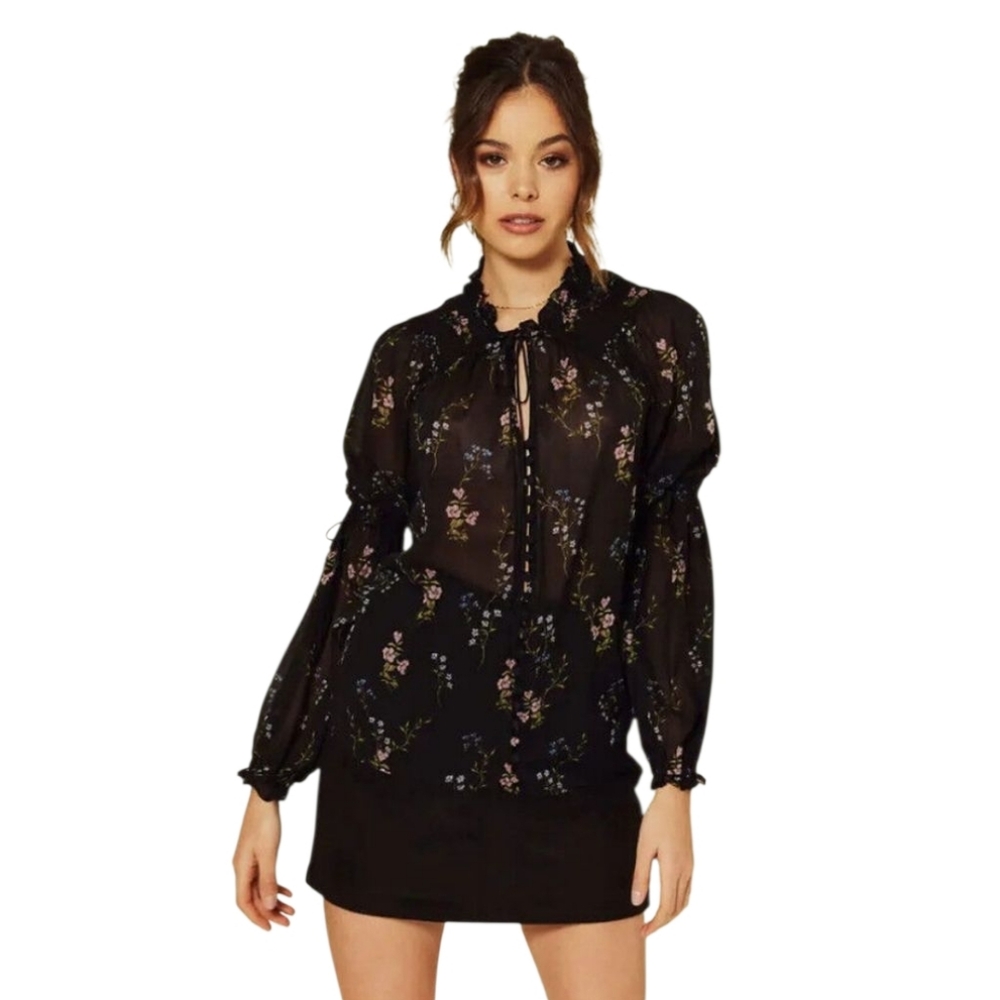 For Love And Lemons Delta Floral Silk Sheer Blouse In Black Size Large